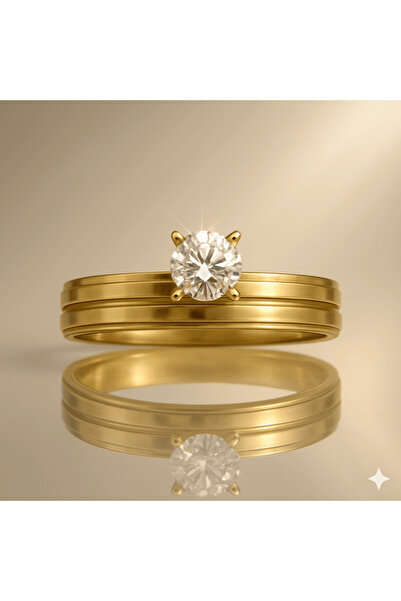 Tesbihane Gold Color Zircon Stone V Design 316L Quality Stainless Steel Women Solitaire Ring - 21 Size