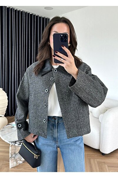 LOKADI Women's Faux Leather Trimmed Herringbone Jacket