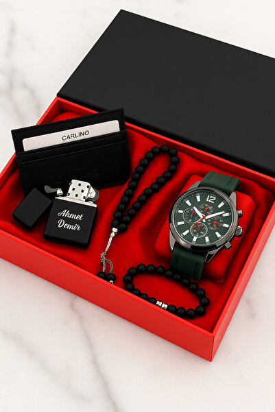 nw northwatch Kişiye Özel Erkek Hediye Seti – Yeşil Silikon Kordonlu Saat, Te...