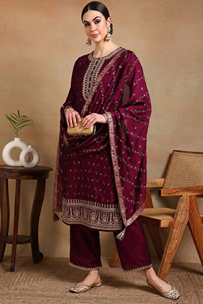 ZERE Silk Blend Wine Embroidered Straight Suit Set