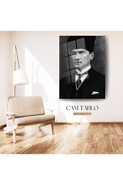 Glit Glass Gazi Mustafa Kemal Atatürk Resmi Portre Siyah Beyaz Dekoratif Cam Tablo