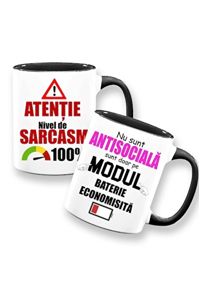 OEM Set de 2 căni cu mesaj amuzant: „Atenție sarcasm, antisocial”