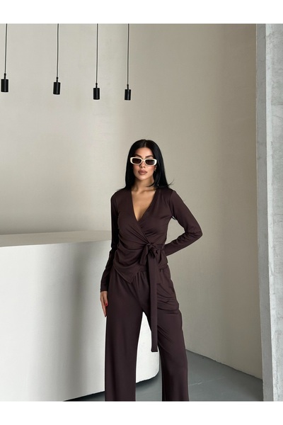 solena sln Women's Coffee Draped Asymmetrical Cut Side Tie Blouse Pants Modal Set