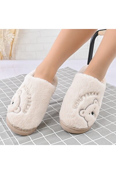 Tmall Papuci pufoși pentru femei, cu ursuleț de pluș, blănoși, PD1066, bej
