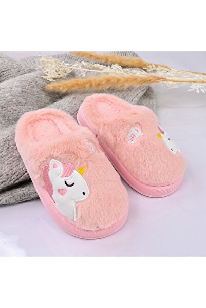 Tmall Papuci pufoși pentru copii, cu unicorn/ursuleț de pluș, cu blană, PC06, roz