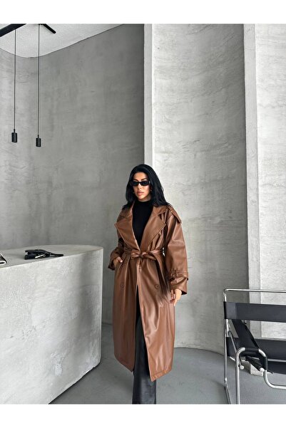 VESS MODA Kadın Kol Kemer Detaylı Düğme ve kuşak Kapamalı Deri Trençkot