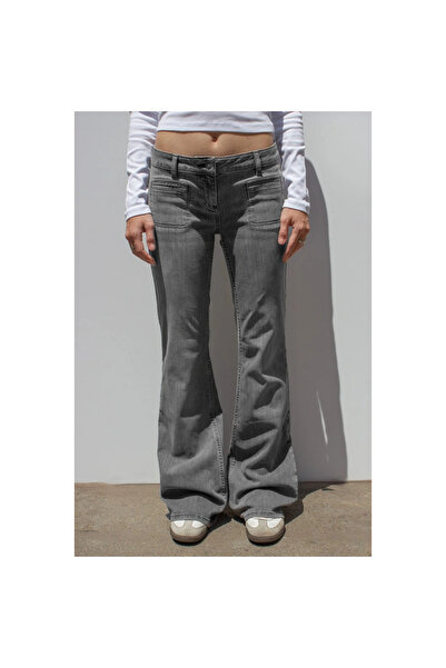 Mokşa Y2K Vintage Front Pocket Detail Gray Low Waist Flared Bootcut Jean