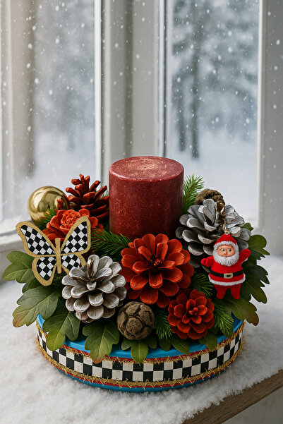 Marrone Christmas Table Decorations New Year Table Fireplace Ornaments with Pine Cones and Santa Claus