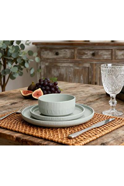 SHALLOW Stoneware HARPER 12Pc Dinnerset - Green, 4x10.5” Plates,4×7.5” SidePlates & 4x5.5” Deepbowls