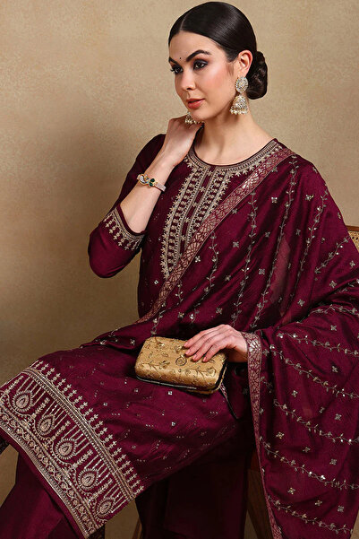 ZERE Silk Blend Wine Embroidered Straight Suit Set