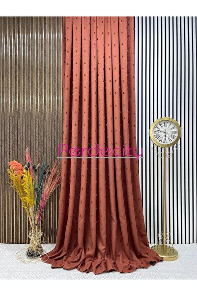 PERDECITY Bohem Tarzı Keten Ponponlu Kiremit Fon Perde Ütü İstemez 1/3 Sık Pile Her Odaya Uygun.