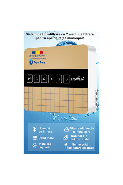 QuTek Filtru de apa Aqua Pura, 7 stagii de ultrafiltrare, include baterie cu 3 cai, neagra, 0.01 microni