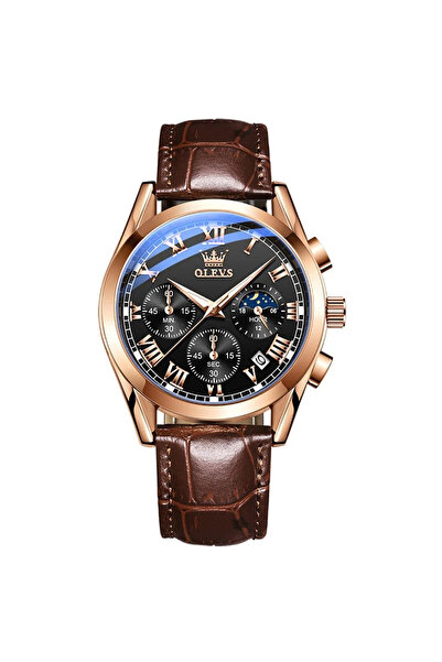 OLEVS Ανδρικό Ρολόι Δερμάτινο Quartz Αναλογικό Κλασικό Business Καφέ