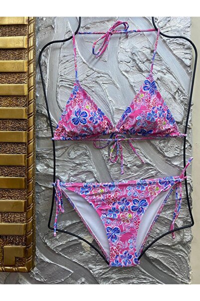 VAJESTO Women's Pink Floral Detail Lycra Side Tie Halter Neck Stylish Drawstring Triangle Bikini Set