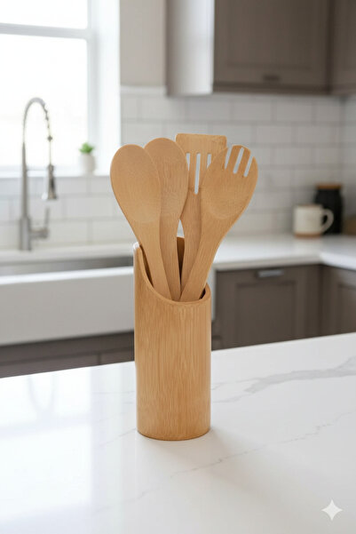 WareHause0 Bambu Ahşap Kaşık Spatula Çatal Mutfak 4'lü Set