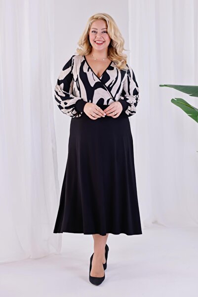 Madwilo Women's Beige Black Abstract Pattern Blocky Double Breasted Collar Balloon Sleeve Plus Size Stretchy Maxi Dress