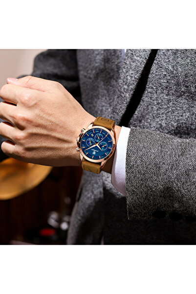 POEDAGAR Ανδρικό Ρολόι Quartz με Φωτεινούς Δείκτες Δέρματος Αναλογικό Επαγγελματικό Καφέ