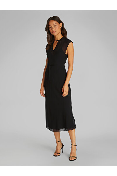 Calvin Klein Women Black Belted Keyhole Neck Sheer Midi Dress