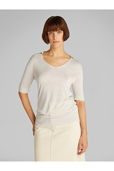 Calvin Klein Women Chalk Heather Slim Viscose Silk Blend Polo Neck Sweater