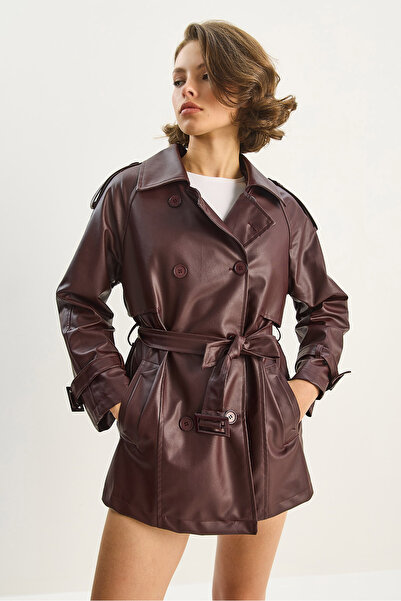 Bianco Lucci Kadın Kruvaze Yaka Kuşaklı Astarlı Kısa Suni Deri Trençkot 2485 60281111