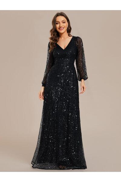 kermiş Selin moda evi trend V yakalı abiye elbise