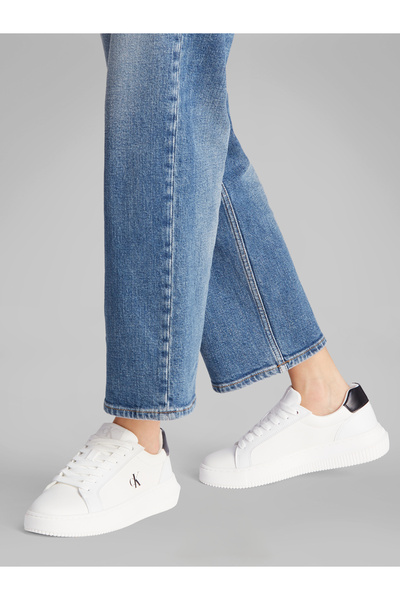 Calvin Klein Women Bright White/Black Chunky Cupsole Low Top Leather Sneakers