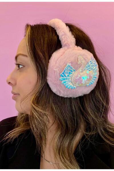 shop Pembe Renk Kuğu Detaylı Parlak Payetli Peluş Kışlık Kulaklık