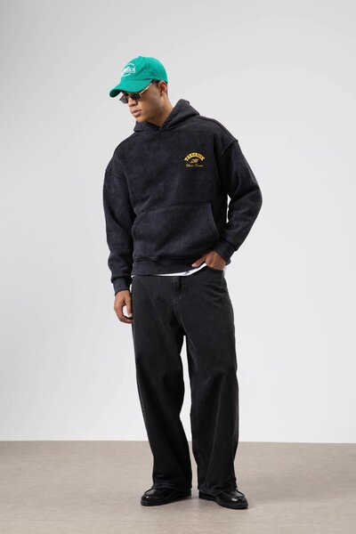 VAMOSCLO Oversize Washed Boxy Fit Hooded Sweatshirt Black