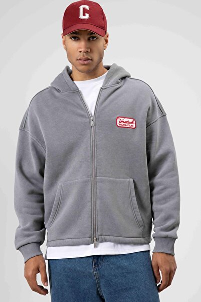 VAMOSCLO oversized Φούτερ με φερμουάρ με κουκούλα καπνιστό