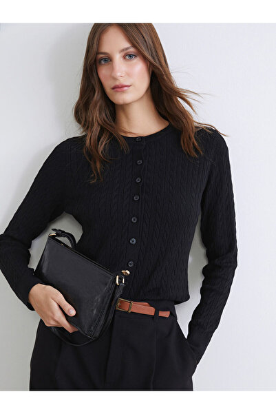 LC Waikiki Lcw Modest Black Crew Neck Self Patterned Women's Knitwear Cardigan