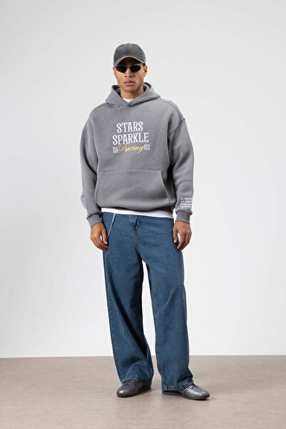 VAMOSCLO Оверсайз-светр з капюшоном і вишивкою, колір димчастий