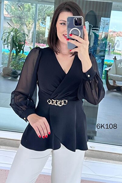 İnce Topuk بلوزة شيفون مزدوجة الأكمام بياقة مزدوجة 6K108