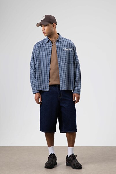 VAMOSCLO Oversize Checkered Back Printed Long Sleeve Shirt Indigo-Navy Blue