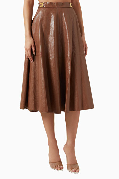 Elisabetta Franchi Crackled Deri Görünümlü, Siyah Kloş Midi Etek