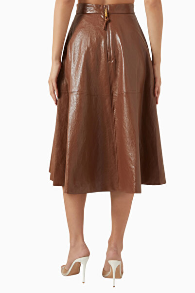 Elisabetta Franchi Crackled Deri Görünümlü, Siyah Kloş Midi Etek