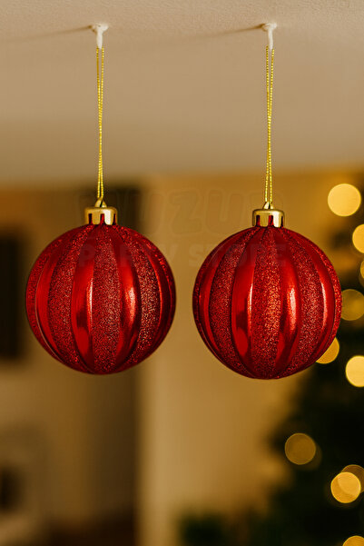 Huzur Party Store 15 cm Luxury Red Christmas Pine Tree Ball 2-Pack Shiny Glitter Large Size New Year Ornament Tree Decor