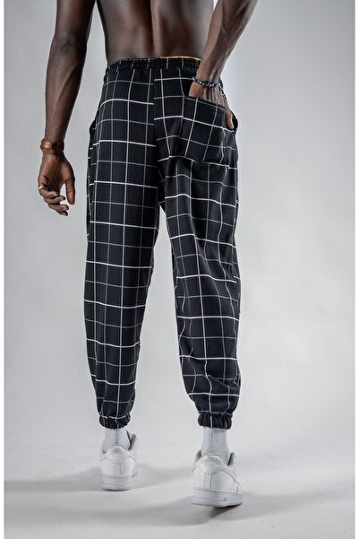 Superbluemexico Unisex Jacquard Plaid Patterned Pleated Baggy Trousers