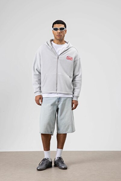 VAMOSCLO oversized Φούτερ με φερμουάρ με κουκούλα Ανοιχτό γκρι