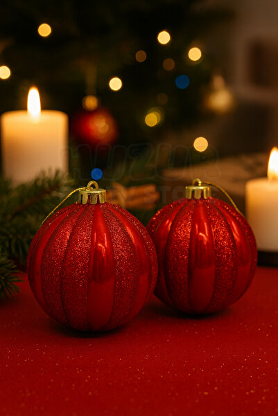 Huzur Party Store 15 cm Luxury Red Christmas Pine Tree Ball 2-Pack Shiny Glitter Large Size New Year Ornament Tree Decor