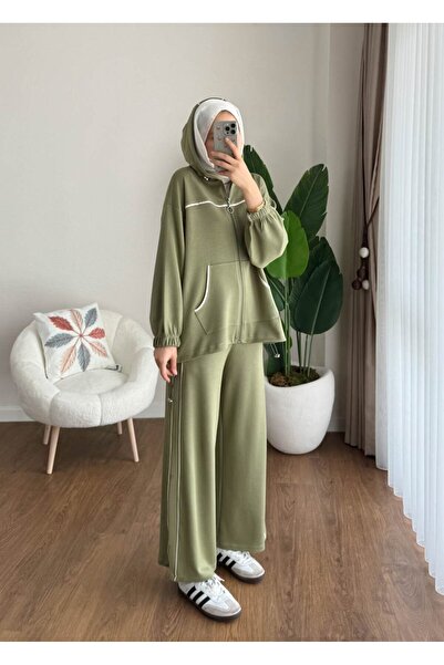 Miraydın Butik Women's Piping and Hooded Zipper Detailed Hijab Tracksuit Set M251077 - Green