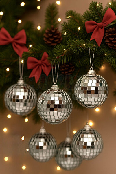 Huzur Party Store 5 см 6-пакет срібних диско-куль для новорічної ялинки, блискучі декоративні ялинкові прикраси, аксесуари для вечірки