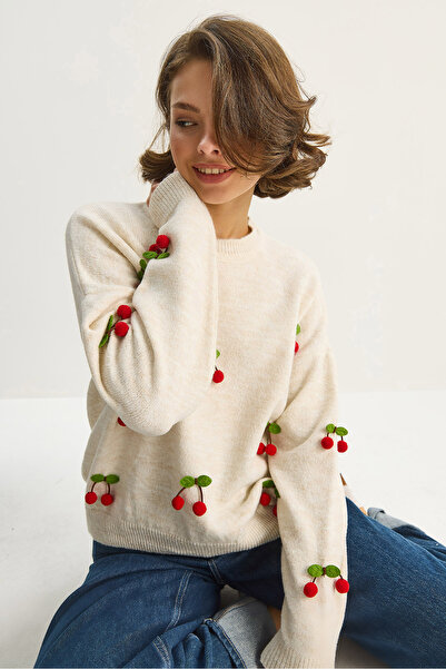 Bianco Lucci Pulover de tricotat obișnuit pentru femei, cu decolteu rotund, cu accesorii cireșe 60283641