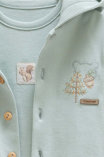 Caramell Hello Forest Hooded Three-Piece Bottom Top Set Green