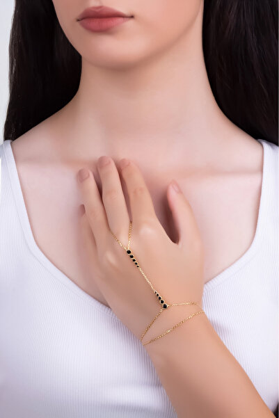 So CHIC... Avangard Siyah Taşlı 18 Ayar Sarı Altın Kaplama 21 Cm Gümüş Şahmeran