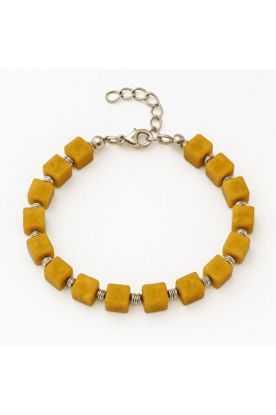 Tesbihane سوار رجالي من المعدن الفضي اللون مزين بسلسلة دوريكا وقطع مكعبة بلون الخردل الطبيعي