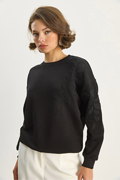 Bianco Lucci Kadın Bisiklet Yaka Çiçek Nakış ve Boncuk İşlemeli Sweatshirt 1562 60283633