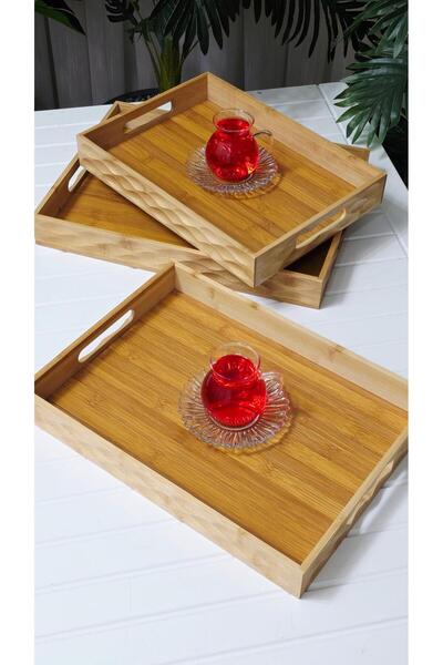 behila Bamboo 3-Layer Rectangular Presentation Tray Coffee Tea Tray