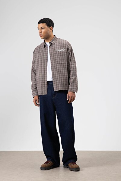 VAMOSCLO Oversize Checkered Back Printed Long Sleeve Shirt Mink-Brown