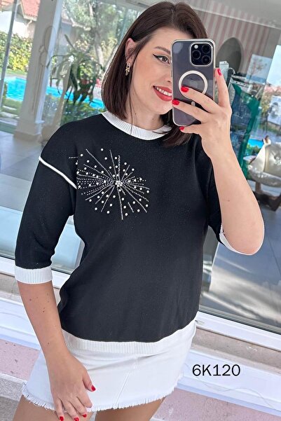 İnce Topuk İnci Detay Simli Triko Bluz 6K120