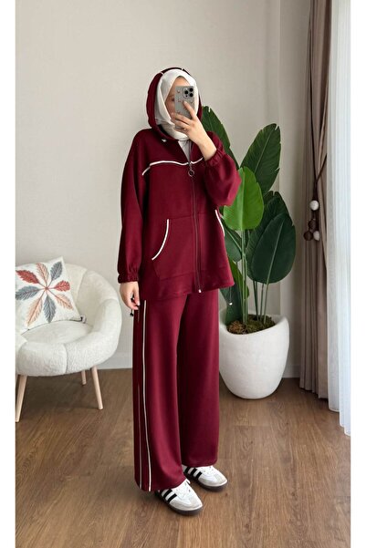 Miraydın Butik Women's Piping and Hooded Zipper Detailed Hijab Tracksuit Set M251077 - Claret Red